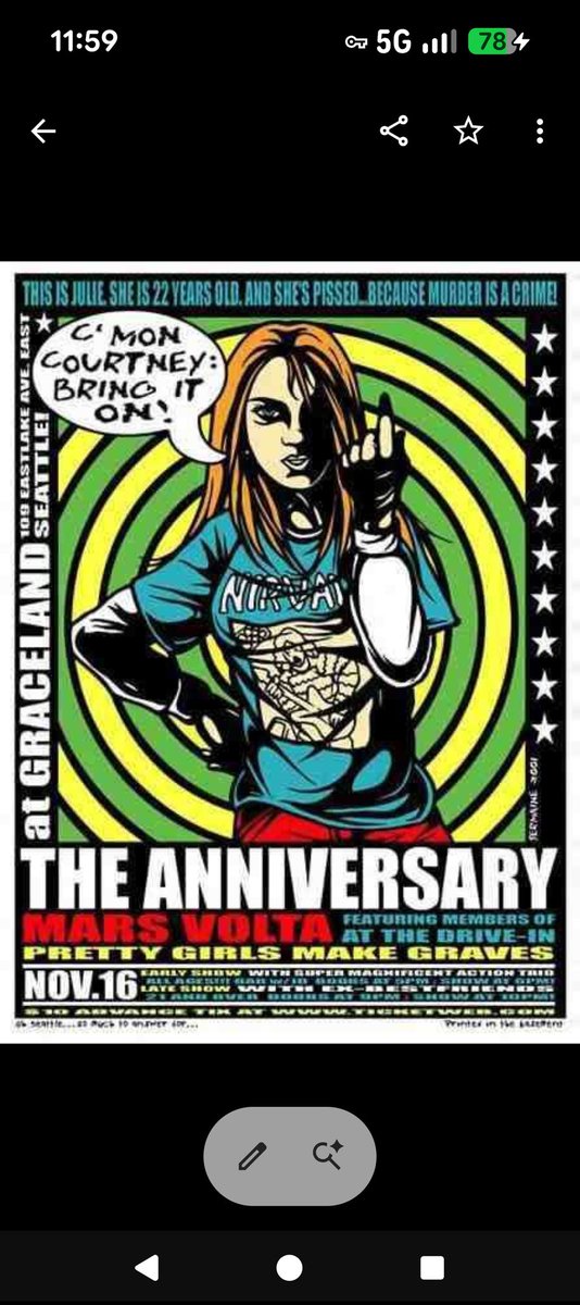 JusticeForKurt's tweet photo. Artwork by Jermaine Rogers.
Concert poster for The Anniversary, the Mars Volta and Pretty Girls Make Graves at Graceland, Seattle, on November 16th 2001. 
#justiceforkurt https://t.co/LMgIB65guP