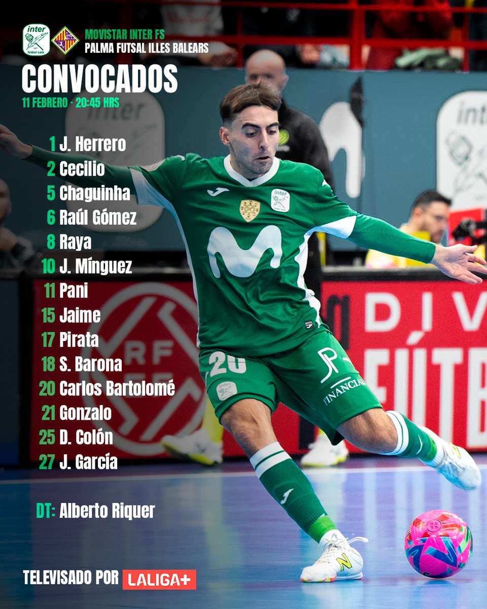 ClubInterFS's tweet photo. 👥💚 𝐂𝐎𝐍𝐕𝐎𝐂𝐀𝐓𝐎𝐑𝐈𝐀 𝐉𝟏𝟗 🆚 @PalmaFutsal  ⚽️

➡️ Estos son los elegidos por Alberto Riquer para afrontar el regreso de la competición en nuestro pabellón.

‼️ El choque se podrá ver en 𝐓𝐕 por @LaLigaPlus 📺

#MovistarInterFS #InteristaSoy 💚💙 https://t.co/8g01qTAAyE