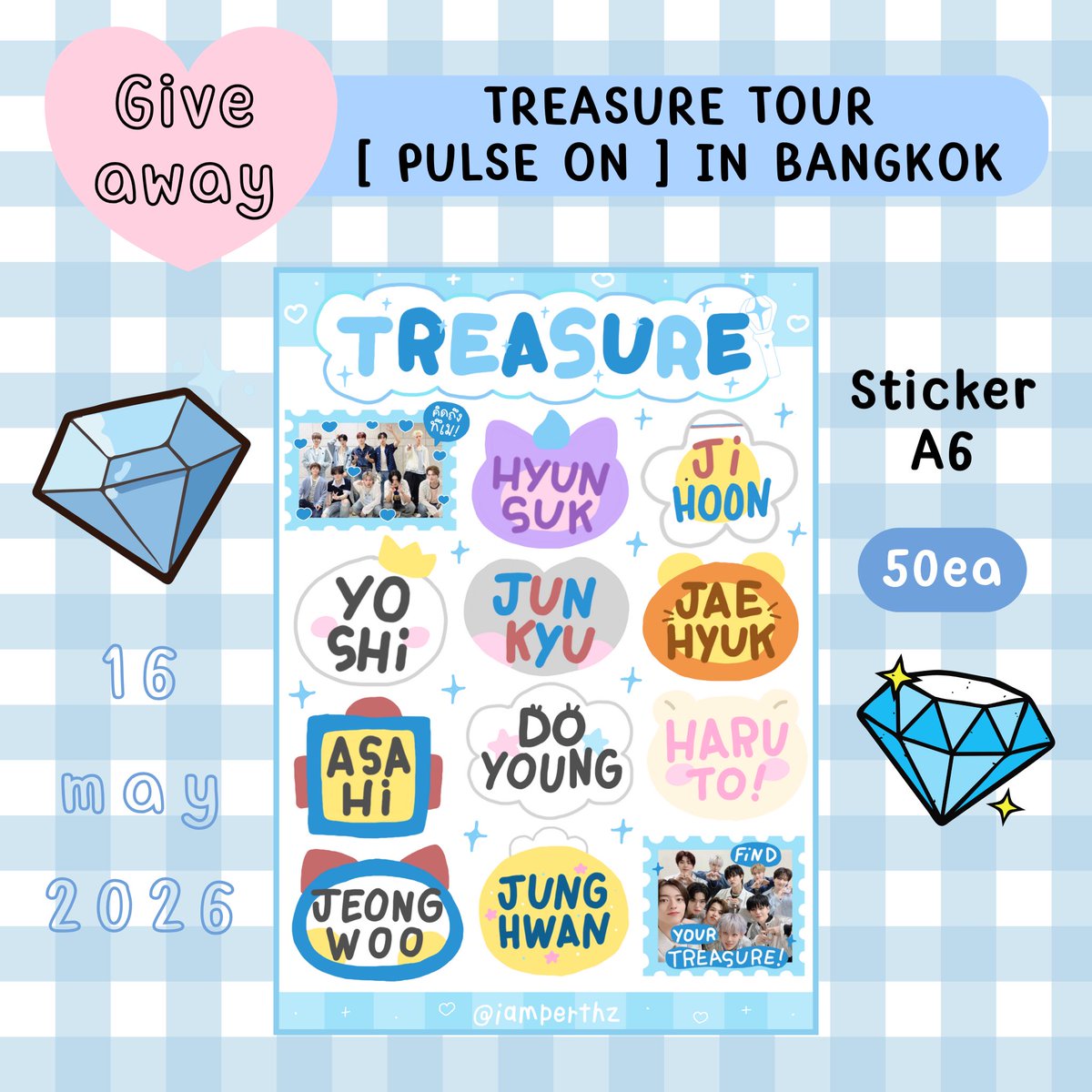 𝒑𝒍𝒔 𝒌𝒊𝒏𝒅𝒍𝒚 𝒓𝒕 ໒꒱˚⟡˖ ࣪

૮꒰˶ᵒ̴̶̷̤ ᗜ ᵒ̴̶̷̤˶꒱ა Give away ˚⟡˖ ࣪

♡ TREASURE TOUR [ PULSE ON ] IN BANGKOK
♡ Suphachalasai National Stadium
♡ 16 may 2026

⚠️ ขออนุญาตหยิบใส่มือให้เลยละกัน ⚠️

#TREASURE_PULSE_ON_IN_BKK 
#PULSE_ON_IN_BANGKOK 
#TREASURE