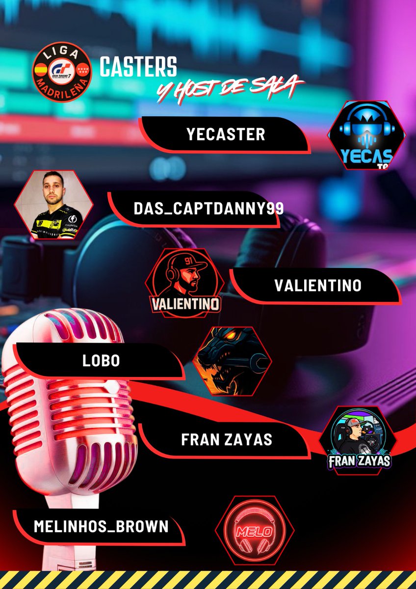 ¡Ya tenemos a los 5 casters confirmados para la competición de la Liga Madrileña! 🎙️🏁

Vamos a darlo todo, dejándonos la voz si hace falta, para retransmitir cada adelantamiento, cada batalla y toda la emoción del campeonato como se merece.

<a href="/SIMRACINGMADRID/">SIMRACING MADRID</a>