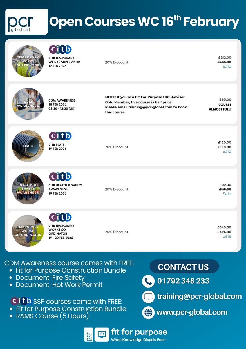 PCRGlobal's tweet photo. 🏗️ 👷🏼‍♂️ Are you looking for a CDM Awareness or @CITB_UK Site Safety Plus (SSP) Courses next week? 👷🏻‍♀️ 🦺 

Join Emma Wilkinson, Jonathan Hughes MCIOB / MICE and Phil Parry in their virtual classroom courses. 

️📞 Call: 01792 348 233  
📧 Email: training@pcr-global.com https://t.co/NWIkmlYtAq