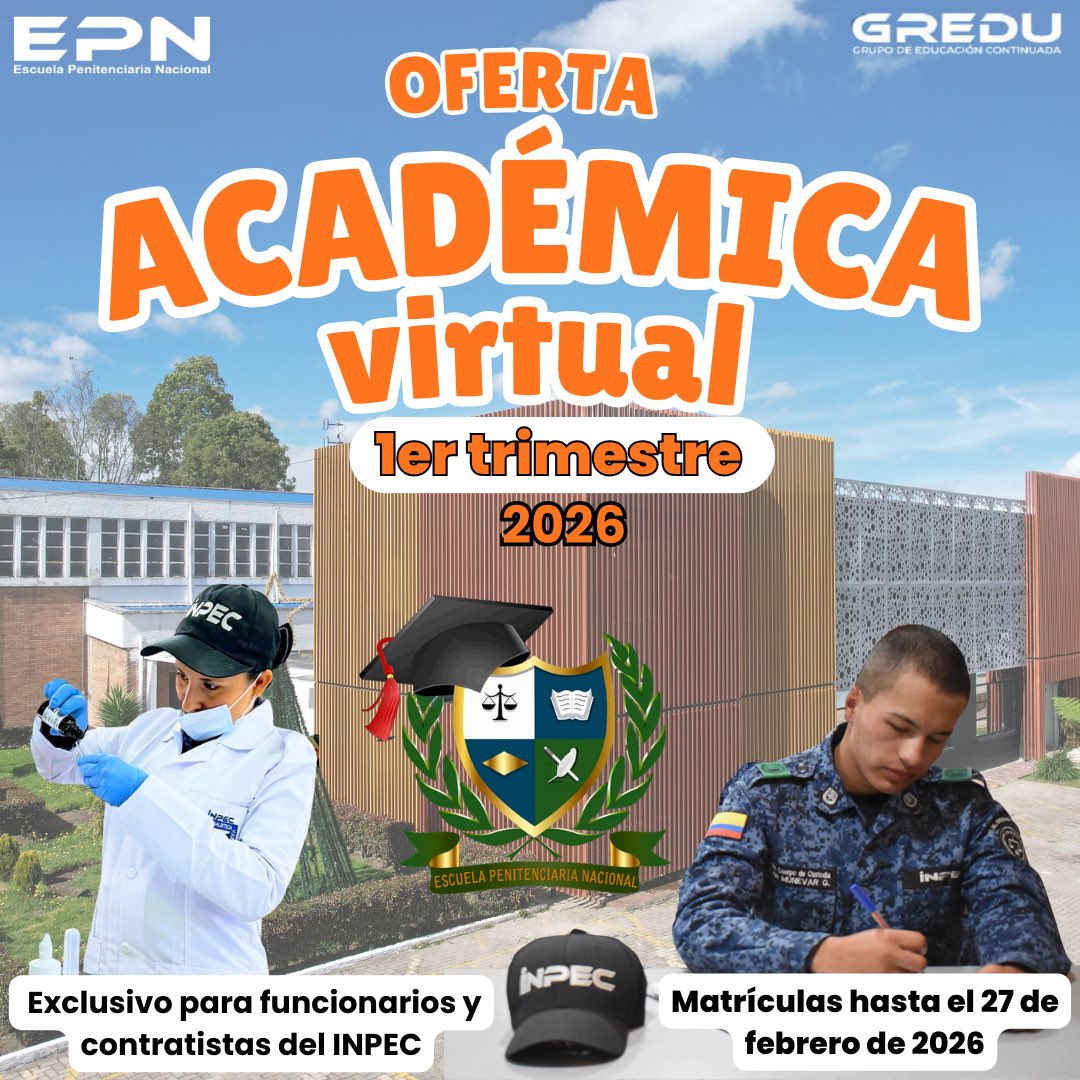 Oferta Académica Virtual
Cursos y diplomados 100% virtuales, GRATIS y exclusivos para funcionarios de carrera y contratistas del INPEC.
Inscripciones abiertas hasta el 27 de febrero.
🔎 Consulta la oferta: drive.google.com/drive/folders/…
📝 Inscripciones: academiaepn.inpec.gov.co/campuspack/dat…