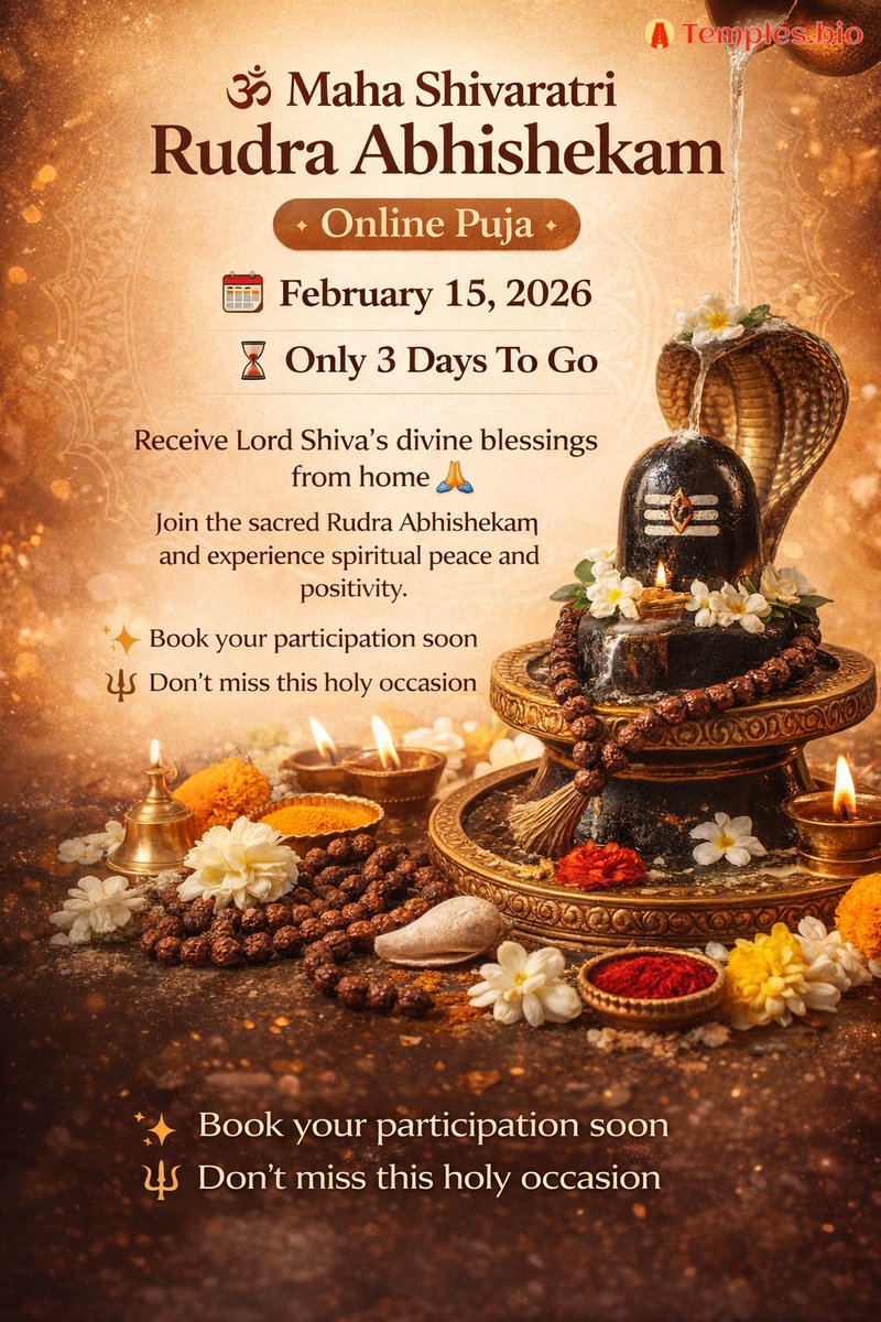 templesbio's tweet photo. 🕉️ Maha Shivaratri Rudra Abhishekam – Online Puja
⏳ 3 Days To Go
Join online &amp; receive Lord Shiva blessings 🙏 Book now!
#MahaShivaratri #RudraAbhishekam #LordShiva #OnlinePuja #Shivaratri2026 #HarHarMahadev #temples.bio
https://t.co/b2IzWIkGN1 https://t.co/ytuV3RKQW3