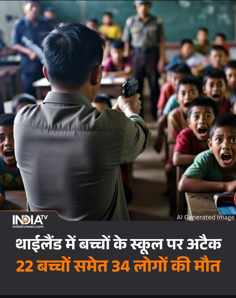 बहुत ही भयावह घटना 😢

थाईलैंड में बंदूकधारियों की दहशत देखने को मिली है। यहां एक स्कूल में बंदूकधारियों ने टीचरों और बच्चों को बंधक बना लिया है। इस दौरान बंदूकधारियों ने अंधाधुंध फायरिंग की जिसमें 22 बच्चों समेत 34 लोग मारे गए हैं। पुलिस ने बताया कि बंदूकधारी स्कूल में तब घुसे