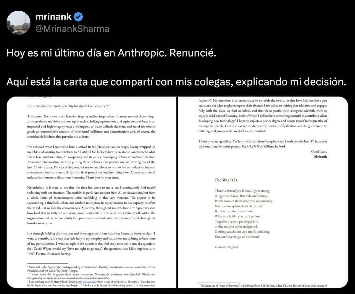 midudev's tweet photo. "El mundo está en peligro. Y no solo por la IA". La carta de renuncia del Responsable de Seguridad de Claude en Anthropic no es un simple adiós corporativo: es una advertencia incómoda.

La tecnología avanza más rápido que nuestra sabiduría. https://t.co/B1ZLoxA0po