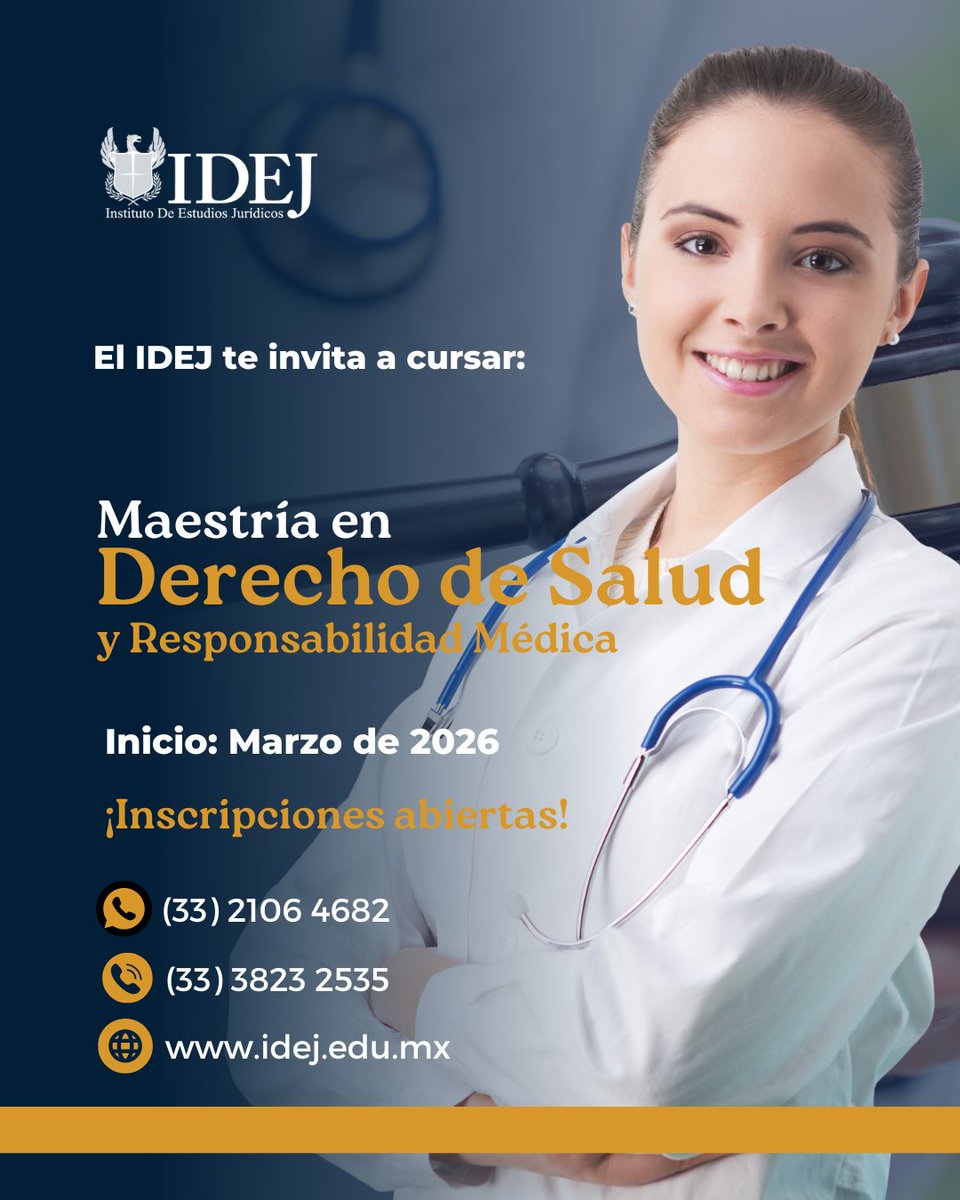 La Maestría en Derecho de Salud y Responsabilidad Médica tiene como objetivo general formar especialistas con sólidos conocimientos en el sistema legal aplicado al derecho a la salud. ¡Iniciamos en marzo! ⚖️📚 Inscripciones:

📲  (33) 2106 4682
☎️ (33) 3823 2535 / 3854 4315