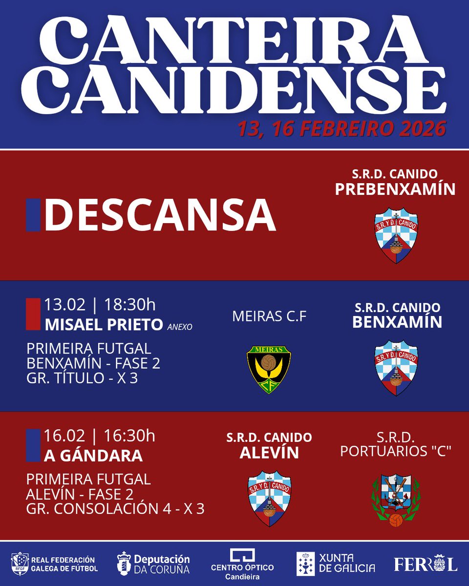 ⚽️ CANTEIRA CANIDENSE ⚽️

👉🏻 Esta fin de semana a nosa canteira xoga a xornada aprazada por culpa do temporal.

👉🏻 O Prebenxamín descansa, xa que este partido atrasado disputarase o día 25.

#OpaCanido