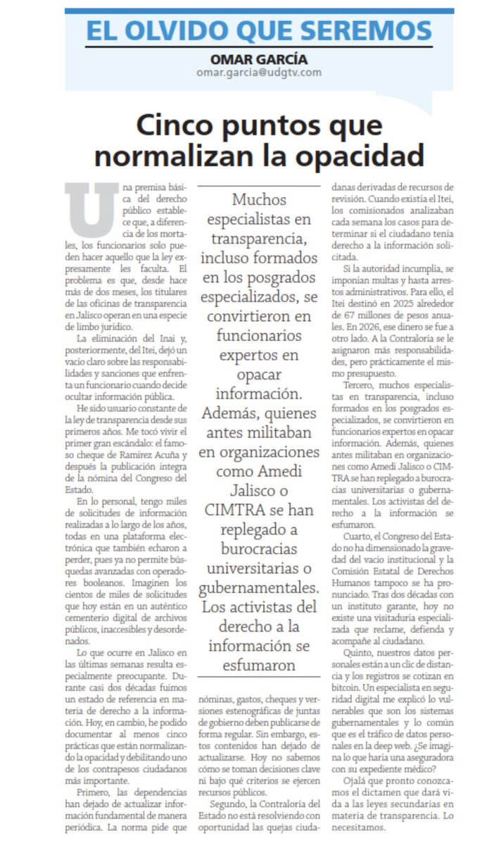 Estamos dando pasos agigantados en la normalización de la opacidad. 
De ser un ejemplo, hoy más que nunca Jalisco necesita sus leyes secundarias de transparencia. 
Esperemos que los diputados se pongan de acuerdo pronto. 
De eso va mi columna hoy en <a href="/NTRGuadalajara/">El Diario NTR Guadalajara</a>