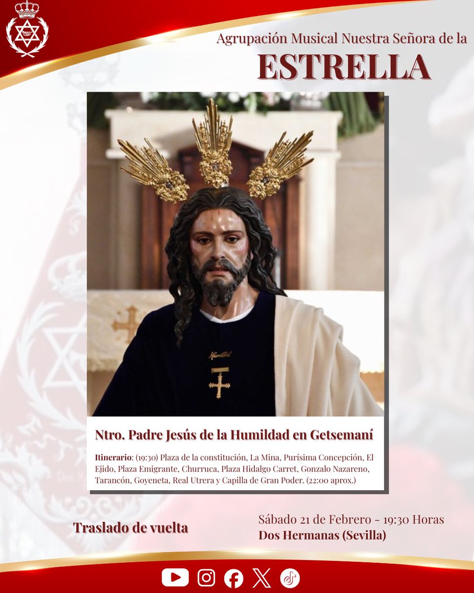 El  próximo 𝐬𝐚́𝐛𝐚𝐝𝐨 𝟐𝟏 𝐝𝐞 𝐟𝐞𝐛𝐫𝐞𝐫𝐨 tendremos el honor de acompañar musicalmente el traslado de regreso de 𝐍𝐮𝐞𝐬𝐭𝐫𝐨 𝐏𝐚𝐝𝐫𝐞 𝐉𝐞𝐬𝐮́𝐬 𝐝𝐞 𝐥𝐚 𝐇𝐮𝐦𝐢𝐥𝐝𝐚𝐝 𝐞𝐧 𝐆𝐞𝐭𝐬𝐞𝐦𝐚𝐧𝐢́.