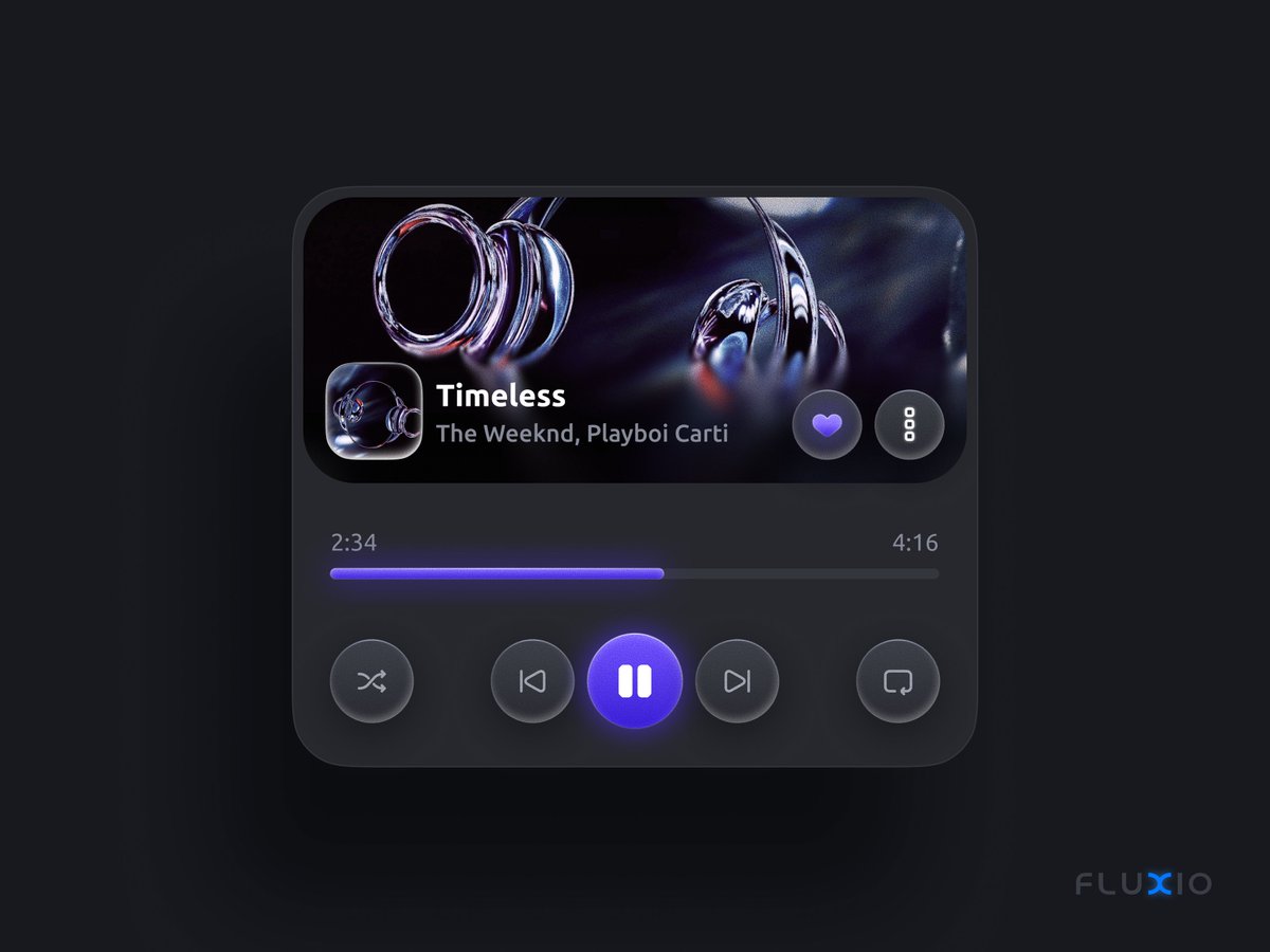 Music Player UI designed with Fluxio Icons.
Exploring depth, glow, and soft neumorphism in a dark theme.
#UI #UX #ProductDesign #Figma #DesignCommunity