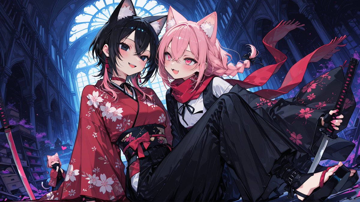 おねんねあーと #AIイラスト︎ 剣客ピンクネコミミとクロネコミミ