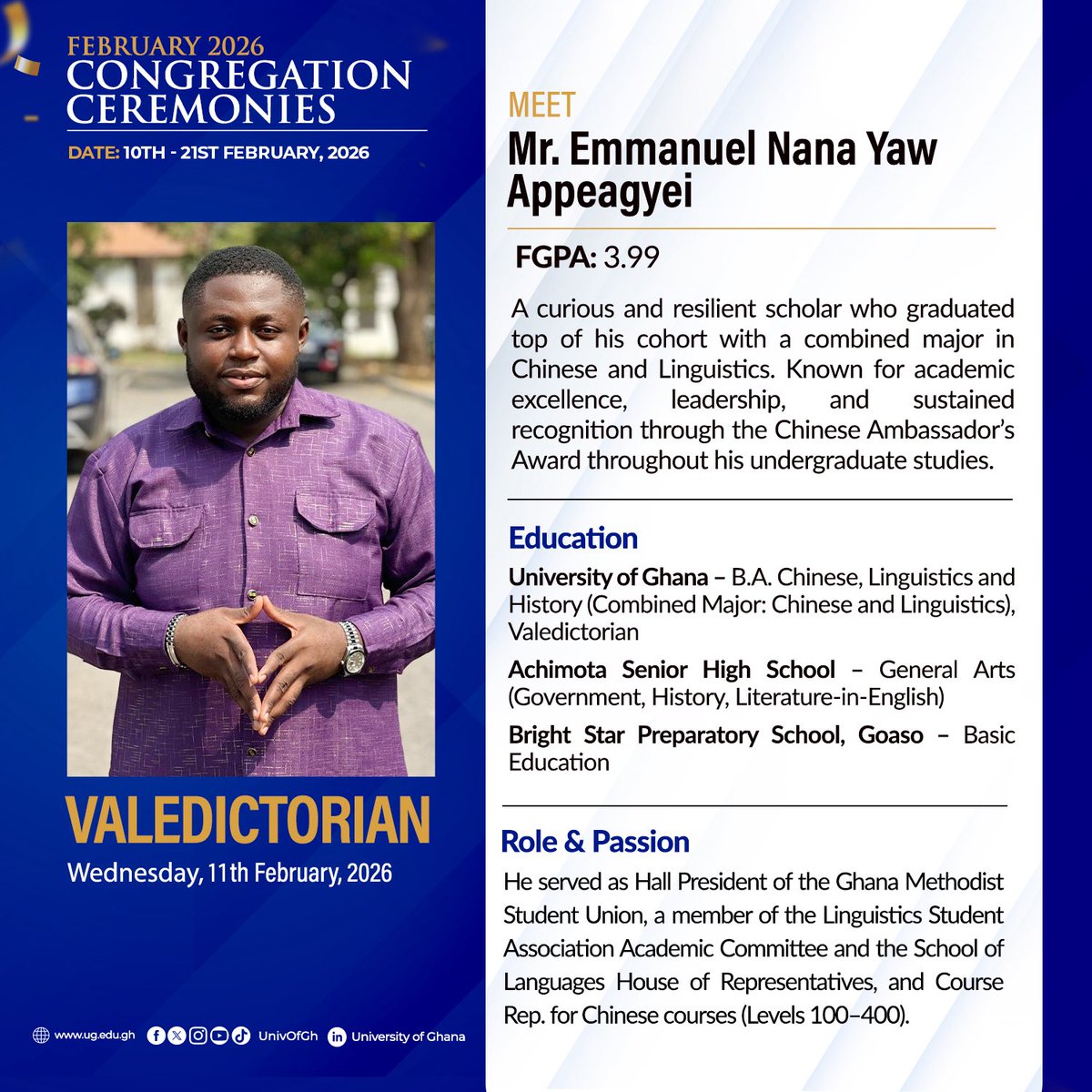Voice_of_Legon's tweet photo. 📍📍JUST IN📍📍

Emmanuel Nana Yaw Appeagyei, an alumnus of Achimota School and a former Hall President of GHAMSU UG, has been named valedictorian of his cohort.

He graduates with a Final Grade Point Average (FGPA) of 3.99‼️👀 https://t.co/yi7N3dSax7