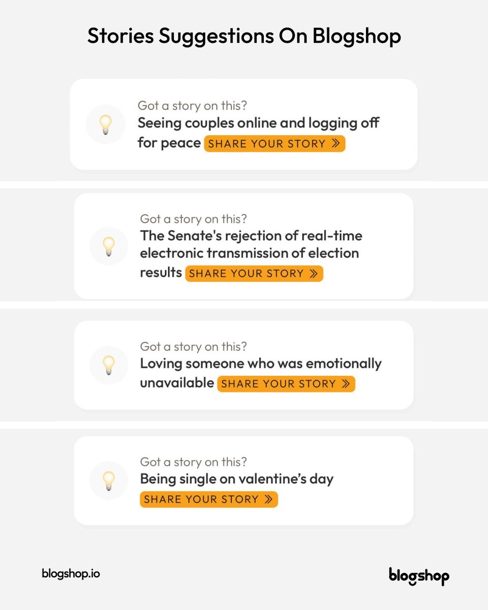 blogshopmedia's tweet image. Ever opened an app to share something… and blanked out?
Blogshop now gives you story suggestions based on real-life situations.
Starting just got easier.

#BlogShop
#StorySharing
#SharedStories
#StoriesThatMatter