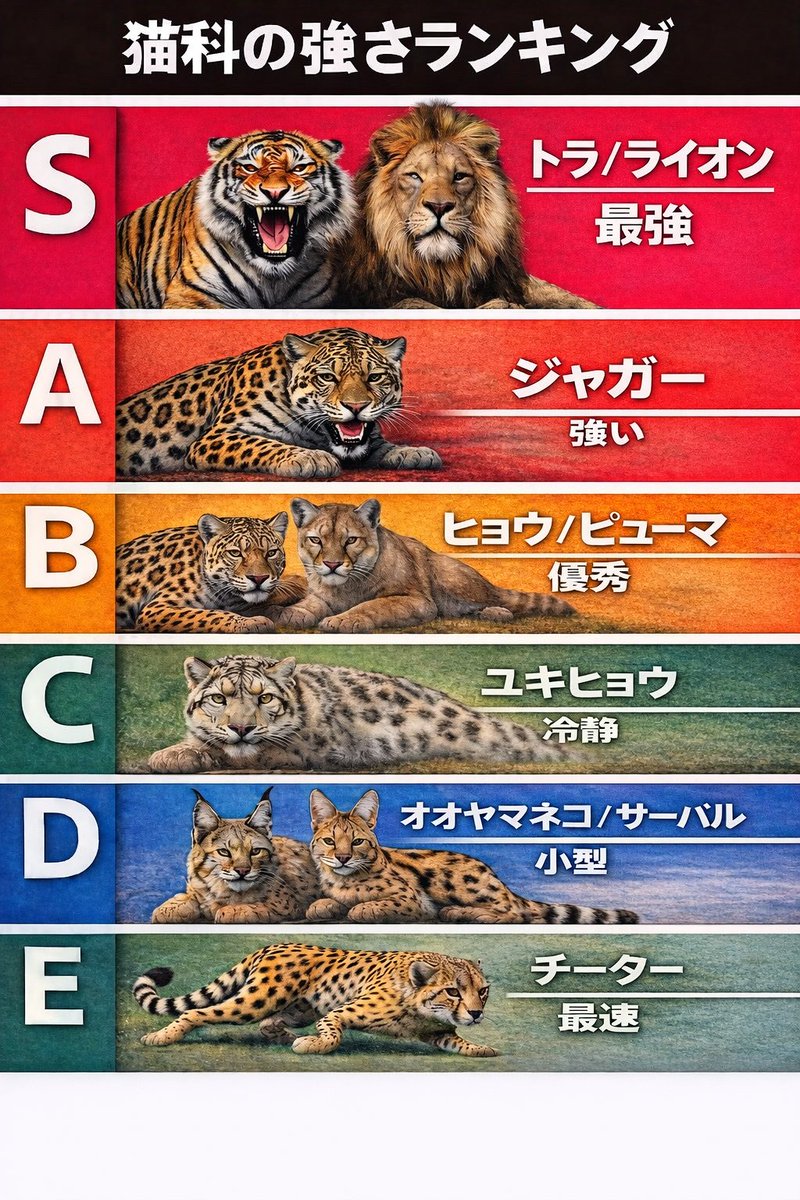 わいの独断と偏見による猫科強さランキング。Sランクは文句なしのトラ＆ライオン。速さ特化のチーター、冷静なハンターのユキヒョウなど強さにも色々なタイプがある。トラ／ライオンは 体格・筋力・武器（牙と爪）すべてがトップクラス。まさに王者。あなたの推しはどの猫科？😺