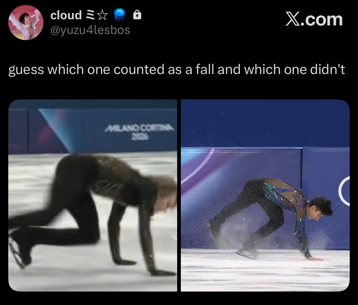 they couldve cleared donovan's miss as not a fall too to save the little face that they have when they cleared ilia but now that there's literally two similar pictures pulled up side by side with drastically different results—  ROBBERY AT BROAD DAYLIGHT give the 7 golds to japan