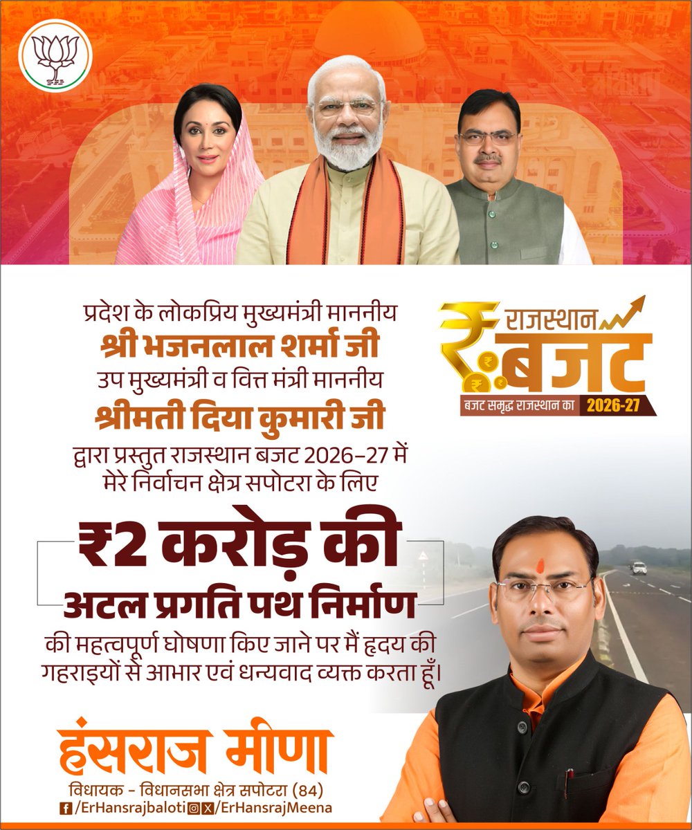 ErHansrajMeena's tweet photo. प्रदेश के लोकप्रिय मुख्यमंत्री माननीय श्री भजनलाल शर्मा जी एवं उप मुख्यमंत्री व वित्त मंत्री माननीय श्रीमती दिया कुमारी जी द्वारा प्रस्तुत राजस्थान बजट 2026–27 में मेरे निर्वाचन क्षेत्र सपोटरा के लिए ₹2 करोड़ की अटल प्रगति पथ निर्माण की महत्वपूर्ण घोषणा किए जाने पर मैं https://t.co/3cV02Ra98k