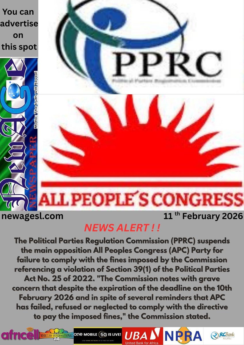thomasd05987132's tweet image. Sierra Leone’s Political Parties Registration Commission or #PPRC suspends the main opposition All People Congress Party #APC following a comment by the scribe of the party in a party gathering which was considered disparaging by the #PPRC 
 
It came after a fine was levied by