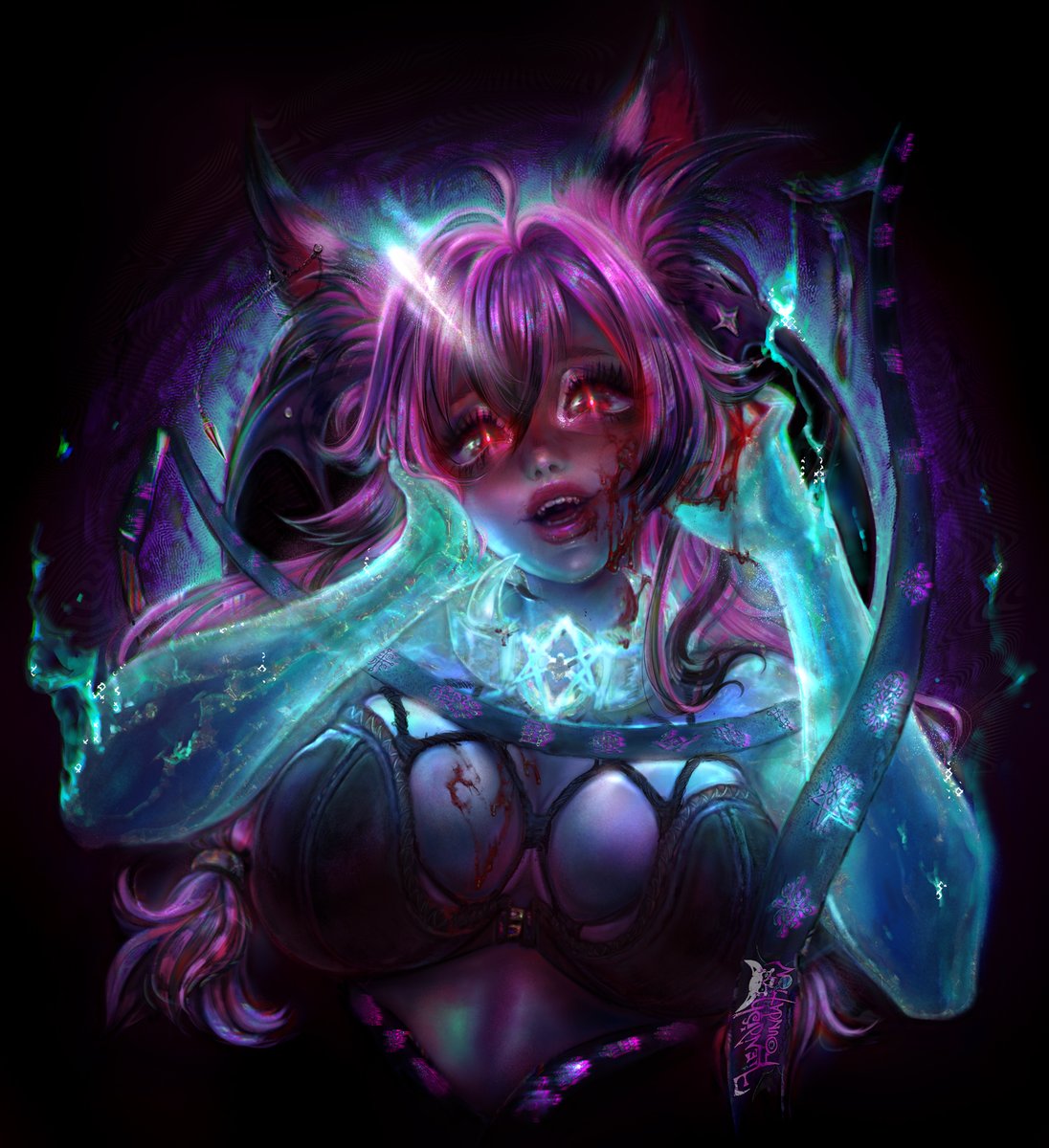 FiendishForm's tweet image. Ah yes, dont you just HATE when the wind blows your hair into your... uh... lipgloss🩸 ? 

Portrait pfp for @nyxlumii 
#vgencomm #neonart