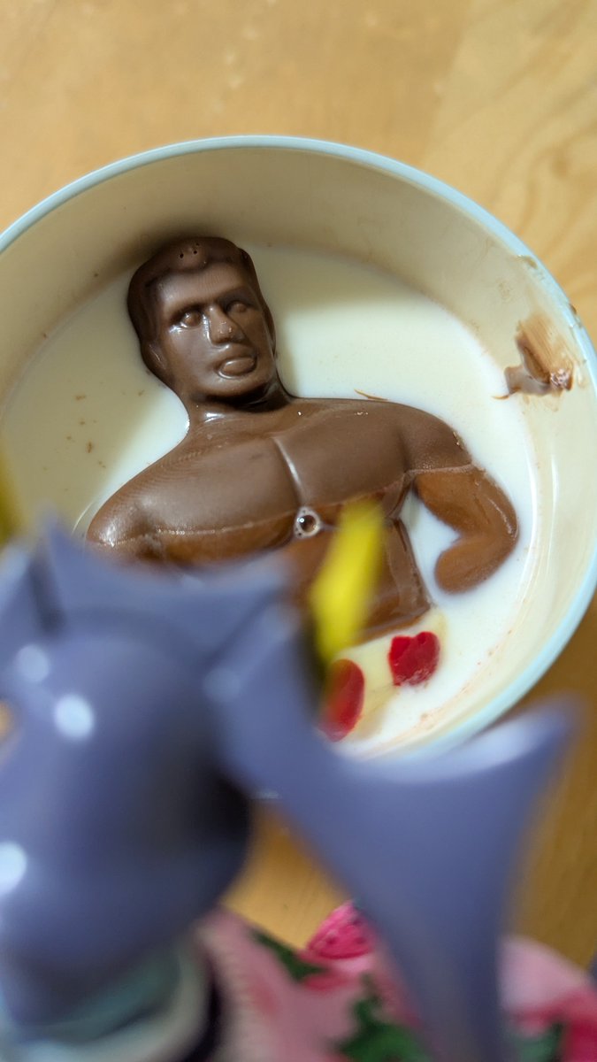 kyusai_muri's tweet photo. あ…蛙水さんが…バレンタインが近いので…チョコレートをくれました…。
マッチョになって…強くなってねと言われ…マッチョのお兄さんの…チョコレートを…渡されました…。
ホットチョコレートなので…牛乳に入れたら…どんどん溶けていきました…。
人生って…儚いですね…。 https://t.co/iFfZVw5teQ