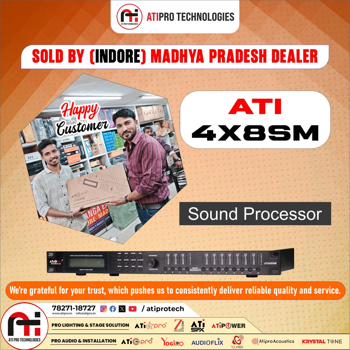 atiprotech's tweet photo. Another successful delivery by our Indore, Madhya Pradesh dealer 🔥
The powerful ATI 4X8SM Sound Processor trusted by professionals who value performance and reliability.
At ATI Pro, we always listen to our customers and dealers.
#ATIPro #ATI4X8SM #ProAudio #SoundProcessor https://t.co/TXAoRqFe09