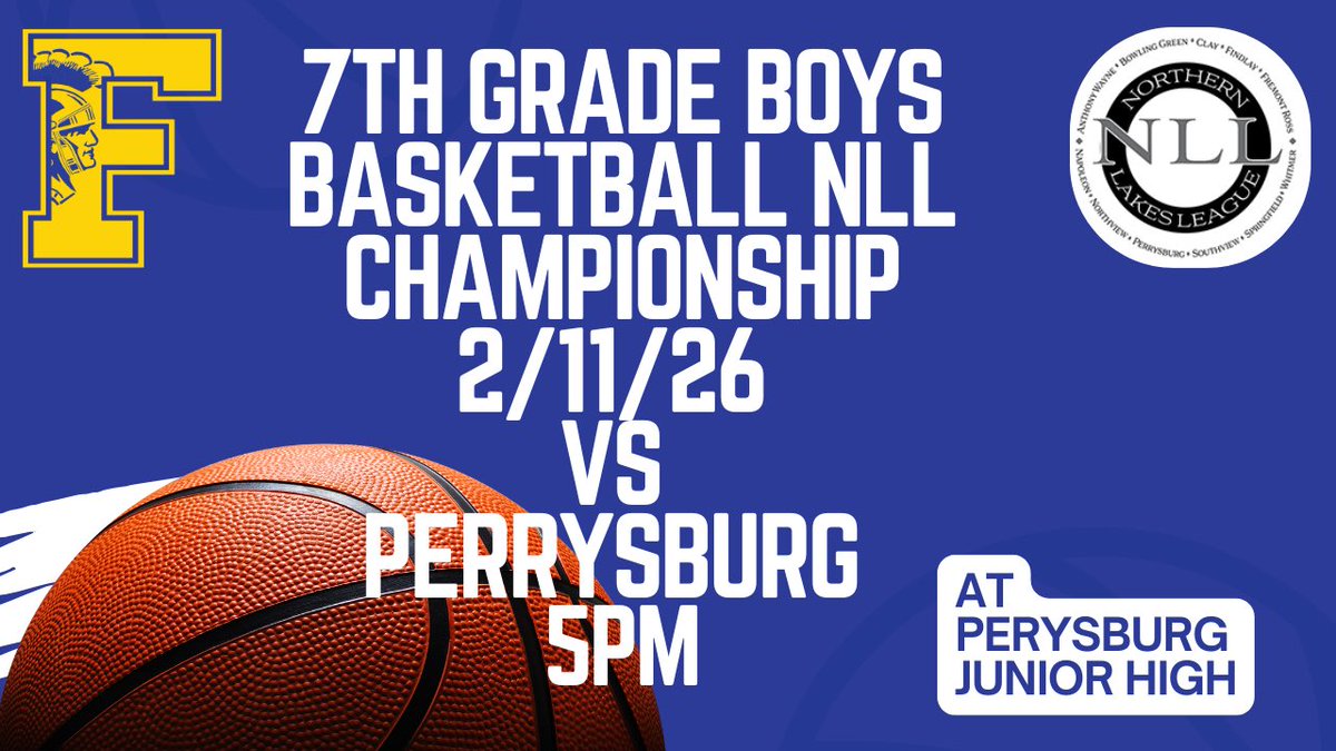 Good Luck to the 7th grade Boys Basketball team as they will be competing for the 7th Grade NLL Boys Basketball Championship VS Perrysburg at Perrysburg Junior High!  Tip off is at 5pm!  Go Trojans!!! 
#TrojanTrue #DonnellProud <a href="/FHSAthletic/">Findlay Trojans Athletics</a> 
🏀 🏆🏀