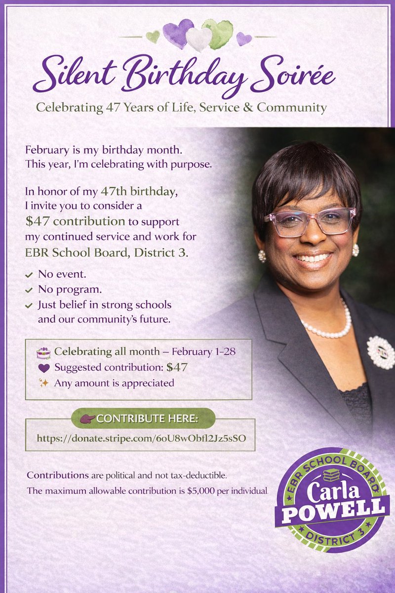 Today’s the day! 🎉 I’m blessed to celebrate my 47th birthday 🎂
Join my Silent Birthday Soirée with increments of $.47 • $4.70 • $47 • $470 • $4,700

👉🏾 donate.stripe.com/6oU8wObfl2Jz5h…

“Give, and it will be given to you…” — Luke 6:38 💜💚🤍