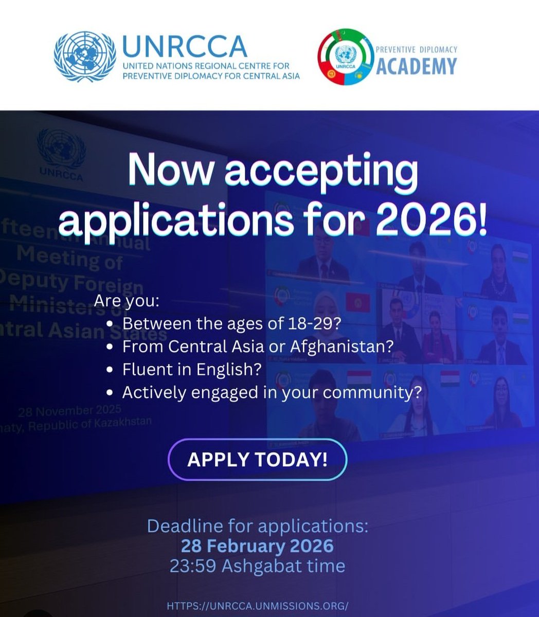 UNRCCA's tweet image. Passionate about #diplomacy and #peacebuilding? Ready to make a real difference in your community?

Applications for the 2026 #PreventiveDiplomacy Academy of #UNRCCA are now open.

Learn more about the application process ⬇️
unrcca.unmissions.org/en/news/unrcca…