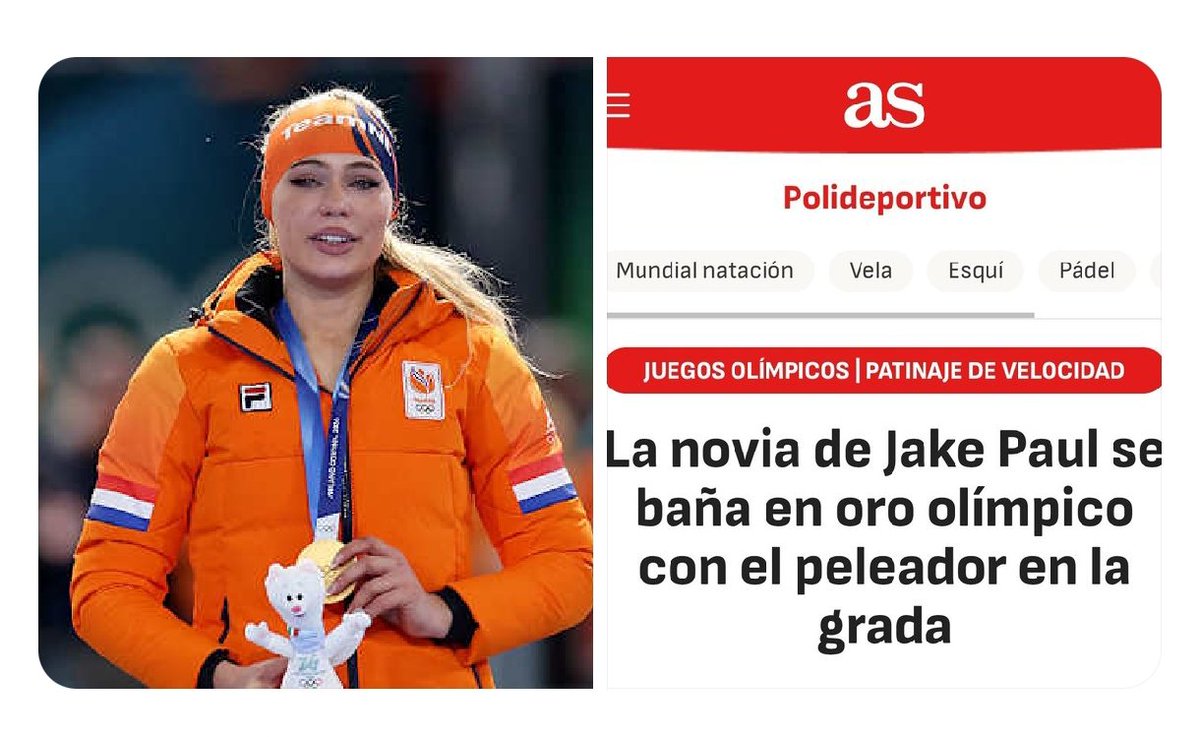 Jutta Leerdam ha hecho historia y ha logrado la medalla de oro en los Juegos Olímpicos de Invierno. El titular machista en el diario AS es "la novia de Jake Paul se baña en oro con el peleador en la grada".