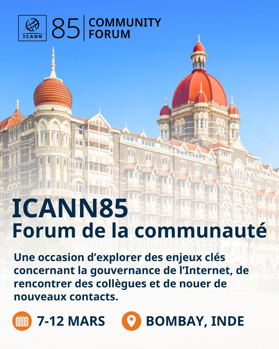 icann_fr's tweet photo. 🌟 La communauté mondiale de l’#ICANN se donnera rendez-vous à l’#ICANN85, à Bombay (Inde). La réunion se tient en amont de l’ouverture de la prochaine série de candidatures au programme des nouveaux gTLD en avril 2026.
👉 Communiqué de presse: https://t.co/YsgSAxMdtN https://t.co/ed13JrVu4S