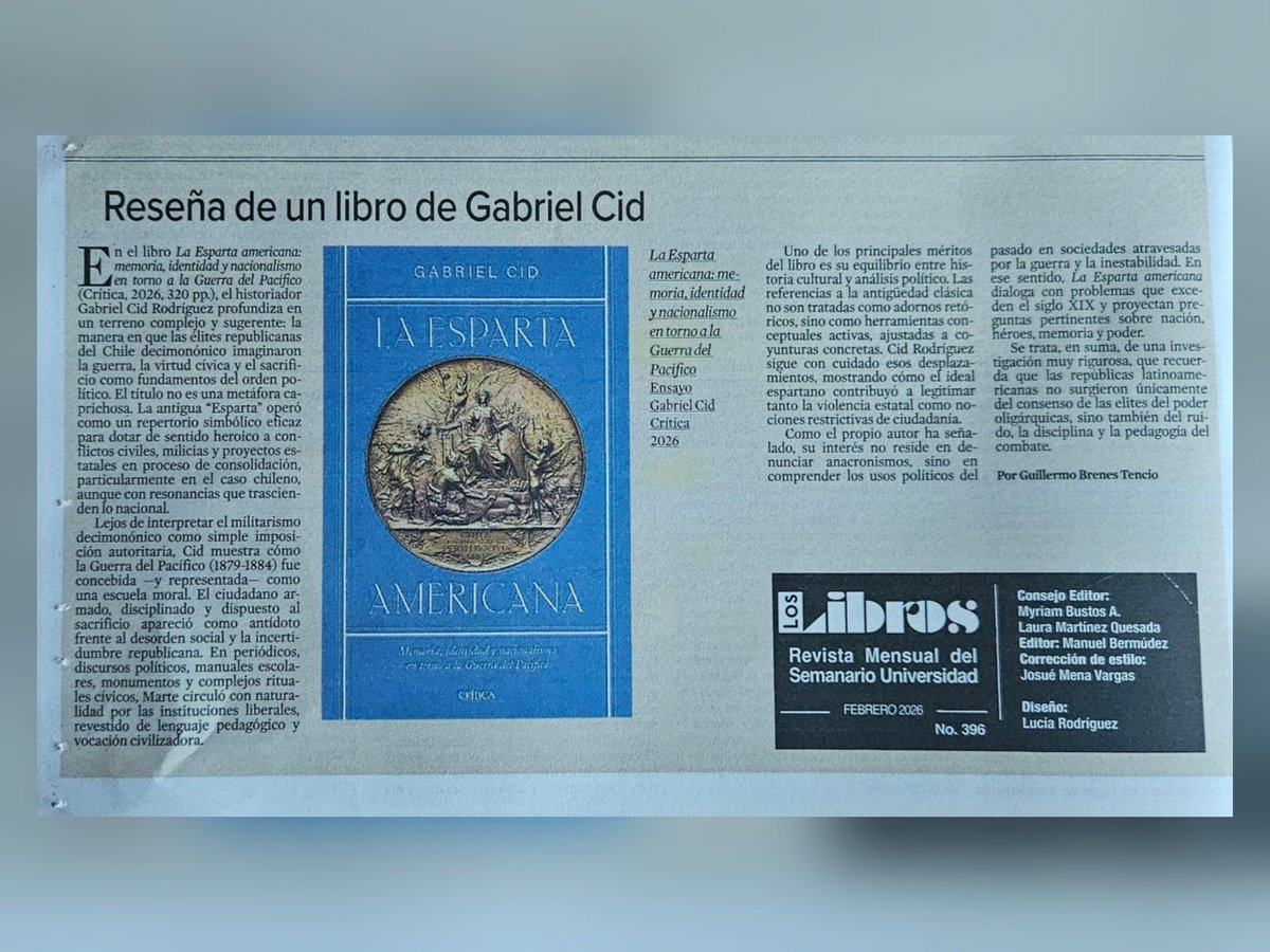 clublecturaCCSS's tweet photo. Reseña de un libro de Gabriel Cid

'La Esparta americana': memoria, identidad y nacionalismo en torno a la Guerra del Pacífico. Ensayo Gabriel Cid Crítica 2026 - https://t.co/QU5DcTQL76 https://t.co/0qMiVak7hh