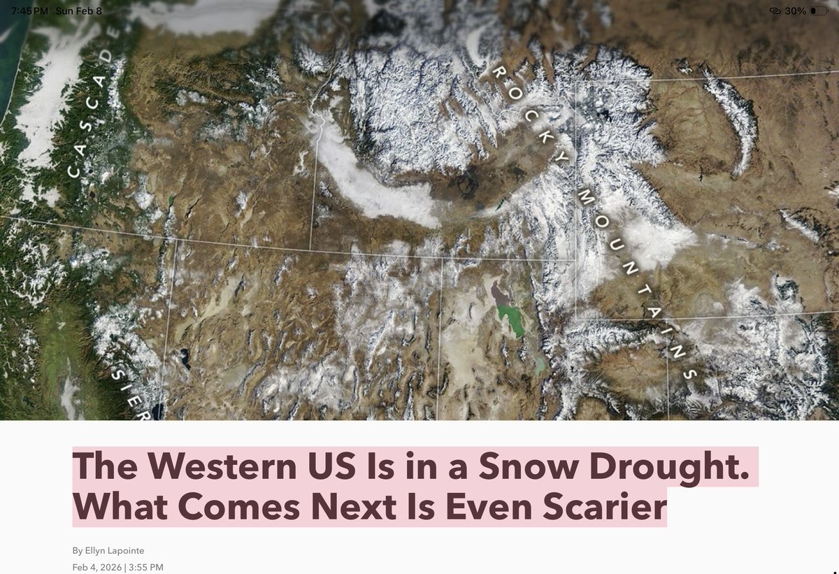 Snow drought ≠ just wildfire risk.

It means:
– aquatic species pushed to extinction
– forests dying without fire
– wildlife refuges with no water
– ag vs. cities for shrinking supplies
– aquifers quietly mined

Fire gets attention. Hydrology decides outcomes.