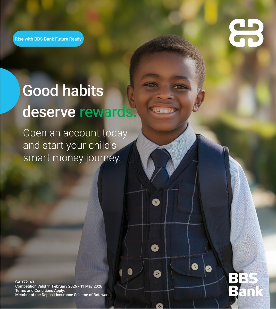 Open a BBS Youth Account and enjoy benefits like card protection, accidental hospital cashback and personal accident cover.

Save consistently and stand a chance to win P30,000, paid straight into the Youth Account. For more infor, call 363 1555 or email call@bbs.co.bw #BBSBank