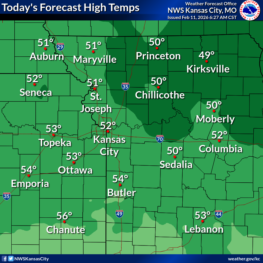 NWSKansasCity's tweet photo. Another mild day today, with high temperatures in the low to mid 50s under sunny skies with light winds. https://t.co/u7l9E4SIfy