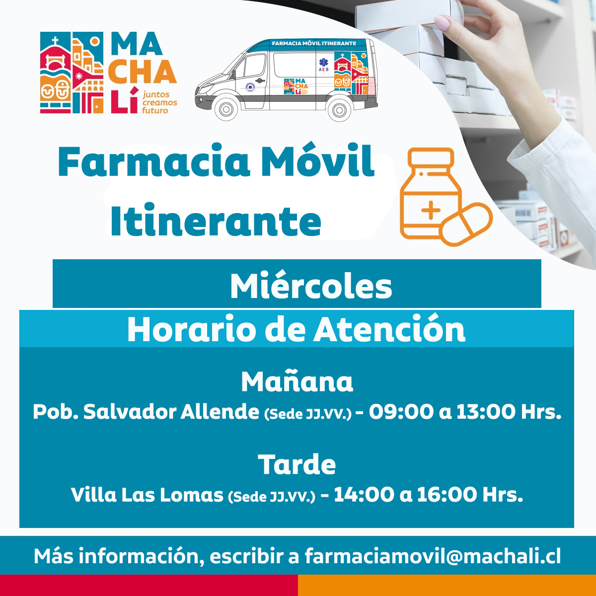 🚐¡La Farmacia Móvil Itinerante de Salud #Machalí estará hoy recorriendo tu comuna!

📍 Mañana: Población Salvador Allende, de 09:00 a 13:00 Hrs.
📍 Tarde: Villa Las Lomas, de 14:00 a 16:00 Hrs.

¡Ven por tus medicamentos y recibe atención más cerca de tu hogar! ❤️