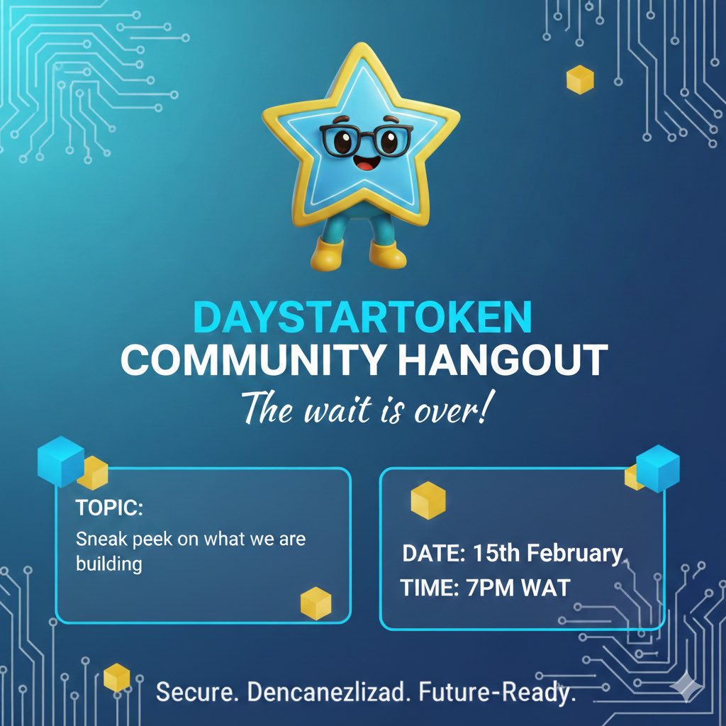 DayStarToken's tweet photo. DaystarToken Community Hangout
Sneak Peek Into What Weโre Building ๐
Join us as we unveil a preview of the future ,vision, utilities and the powerful systems being built behind DaystarToken. This is more than a project update; itโs a glimpse into the ecosystem weโre creating for long-term growth and value.
๐ Date: Sunday , 15th February 2026
โฐ Time: 7PM WAT
๐ฏ Theme: Sneak Peek on What Weโre Building
Community. Vision. Execution.
This is DaystarToken and the future is unfolding. โญ๐ฅ
#DaystarToken #DaystarCommunity #Web3 #CryptoCommunity #BuildingTheFuture