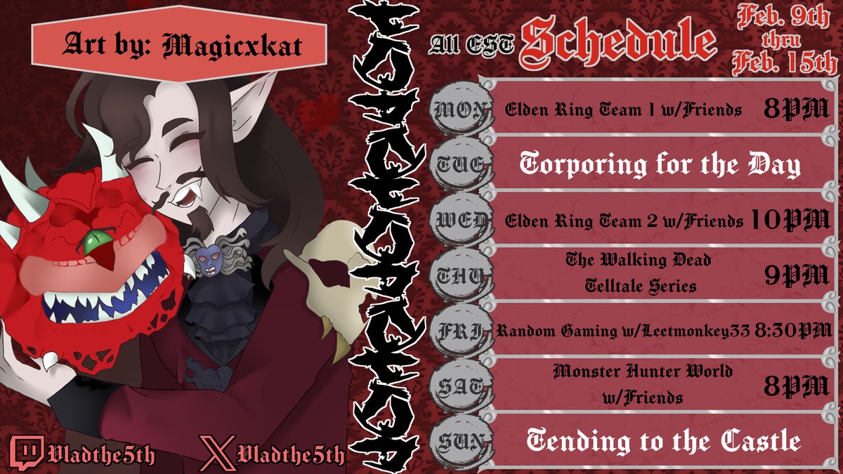Late in putting this out, but this is the schedule as follows this week! We'll be doing Elden Ring as per usual, and also a nice collab for Friday coming up with Leet!