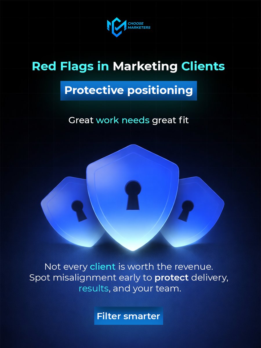 ChooseMarketers's tweet image. Not every client is worth the revenue.

Red flags ignored early = chaos later.

Protect delivery. Protect margins. Protect your team.

#AgencyGrowth #ClientFit #B2BMarketing #ChooseMarketers