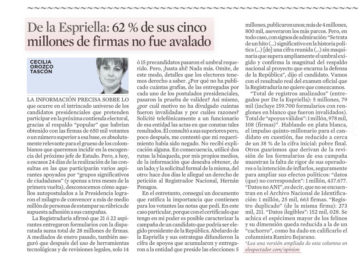 CristoBustos's tweet image. Que casi dos de cada tres firmas entregadas a la Registraduría por @ABDELAESPRIELLA en  un acto mediático resulten falsas es un hecho grave.
¿Qué confianza puede dar alguien que desde el momento de la inscripción acude a la trampa?