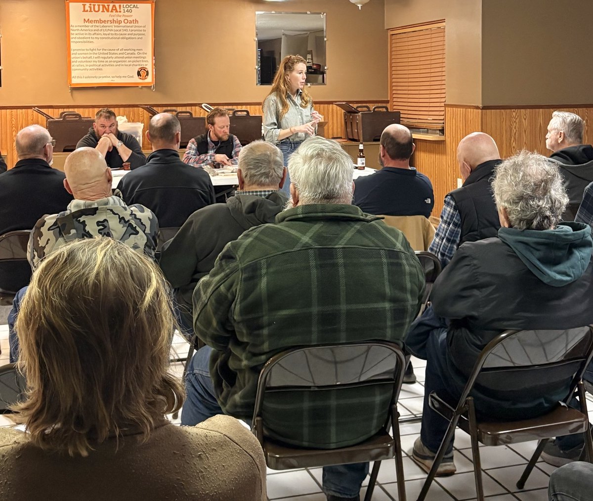 RebeccaforWI's tweet photo. Second meeting with @WILaborers this month. Can't say how proud I am to have the support of the people that power the Driftless in this campaign. Thanks to local 140 for having me out in Bangor last night. https://t.co/LH2DbGqfI9
