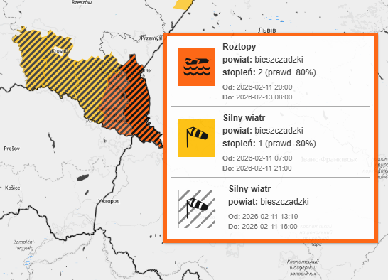 IMGWmeteo's tweet photo. ⚠️UWAGA⚠️
‼️NOWE OSTRZEŻENIA METEOROLOGICZNE #IMGW ‼️
🟠Roztopy stopień: 2
Ważne:
Od: 2026-02-11 20:00
Do: 2026-02-13 08:00

⚠️Komunikat meteorologiczny:
Silny wiatr
Ważne:
Od: 2026-02-11 13:19
Do: 2026-02-11 16:00

https://t.co/16QmSAFVB6
#komunikat #ostrzeżenia #zima #ferie2026 https://t.co/EXwizqlRce