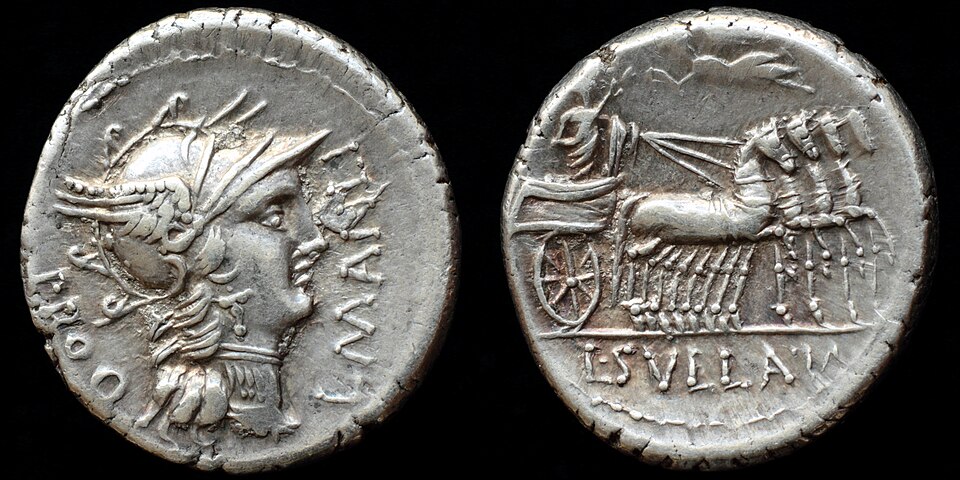 AR denarius of L. Cornelius Sulla Felix &amp; L. Manlius Torquatus, minted in Campania, 82 BC. Obverse: Roma in winged helmet. Reverse: Sulla in quadriga with caduceus, Victory flying