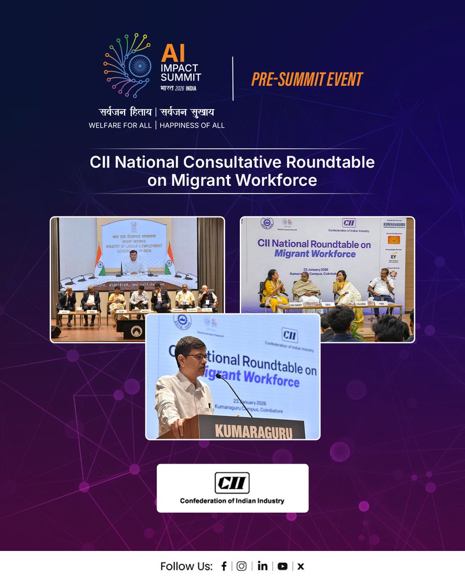 OfficialINDIAai's tweet photo. At a time when migrant mobility was central to India’s growth, the CII National Consultative Roundtable on Migrant Workforce, on the #RoadToImpact, explored how digital public infrastructure—such as e-Shram, Aadhaar-linked benefits, and unified labour databases—could enable portable social protection and transparent service delivery.
Held in Coimbatore, the roundtable convened government, industry, workers, and global experts to advance sector-specific skilling, safe migration, and AI-enabled governance for inclusive workforce integration.
To partner or host a pre-summit event, visit: https://t.co/QlYYc4UupH
#IndiaAIImpactSummit2026 #ResponsibleAI #PeoplePlanetProgress
@PMOIndia @AshwiniVaishnaw @jitinprasada @PIB_India @SecretaryMEITY @abhish18 @kavitabha @GoI_MeitY @_DigitalIndia @mygovindia @FollowCII