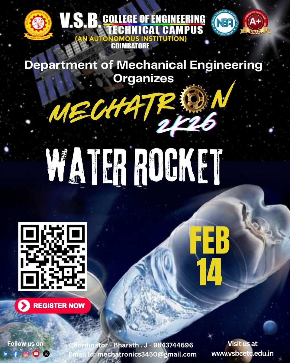 vsbcetc's tweet image. Engines on! ⚙️🚀

Join V.S.B. College of Engineering for MECHATRON 2K26!

🚀 Water Rocket: Feb 14 🏋️ Weight Balance: Precision challenge! 📍 Coimbatore 📲 Scan the QR codes to register!

Questions? Contact Bharath J: 9843744696

#Mechatron2K26 #MechanicalEngineering #TechEvent