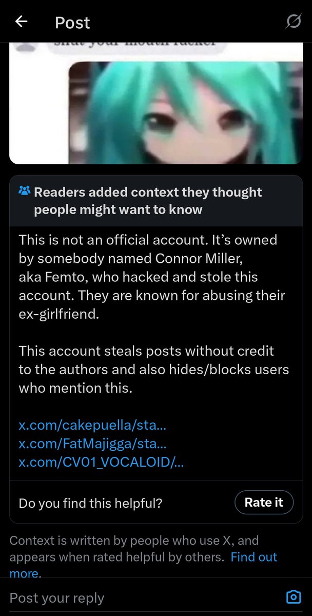 SolidFighter69's tweet photo. @HatsuneMiku Did you seriously deleted the post and reposted it because of the community note? Pathetic https://t.co/B6W3KuUOHn