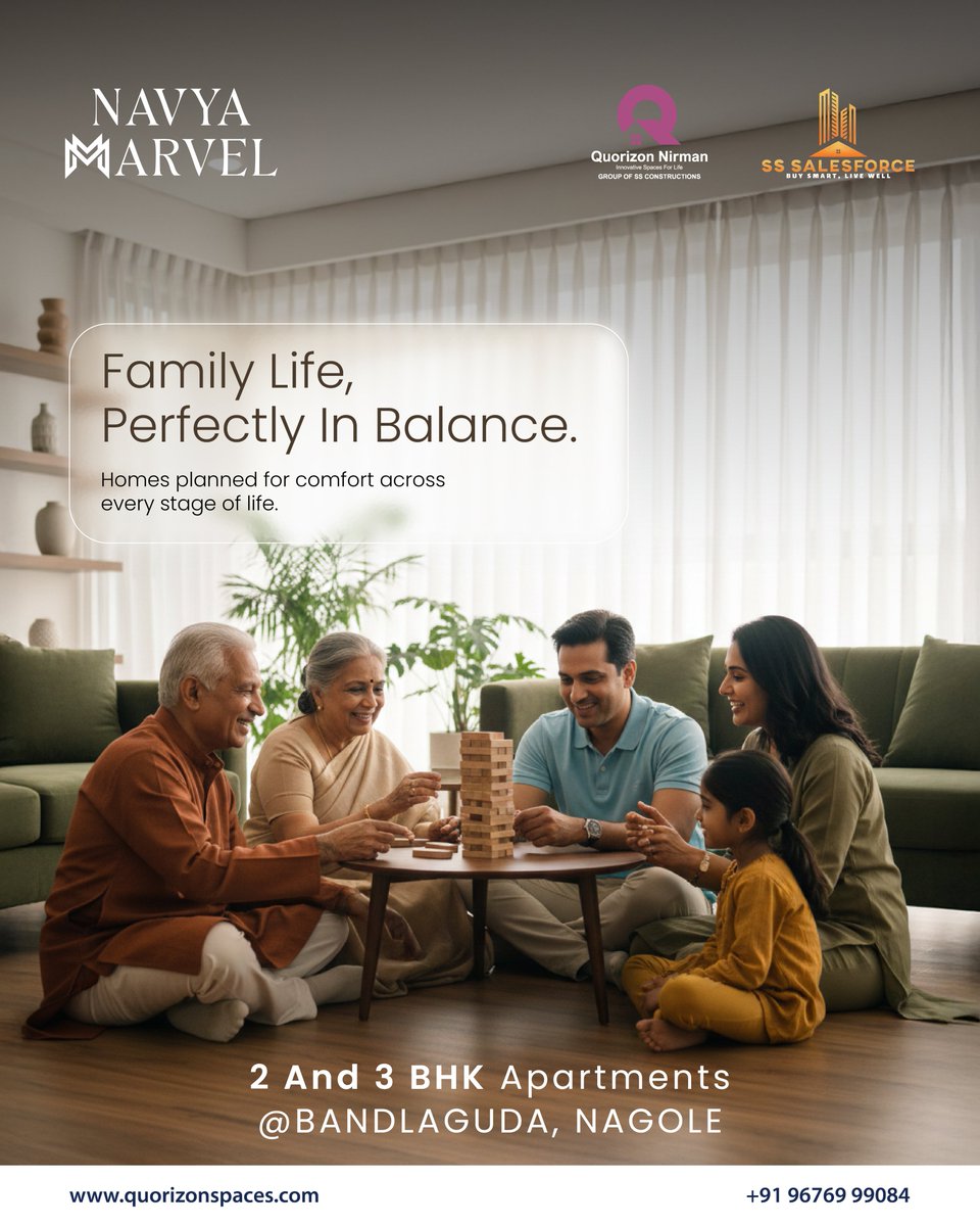 SSSalesforce's tweet photo. From the laughter of children to the wisdom of elders, Navya Marvel offers the perfect backdrop for your family’s best moments. Book Now.
.
.
#NavyaMarvel #2BHK #3BHK #Bandlaguda #Nagole #SSSalesforce https://t.co/rDvH2rpWKX