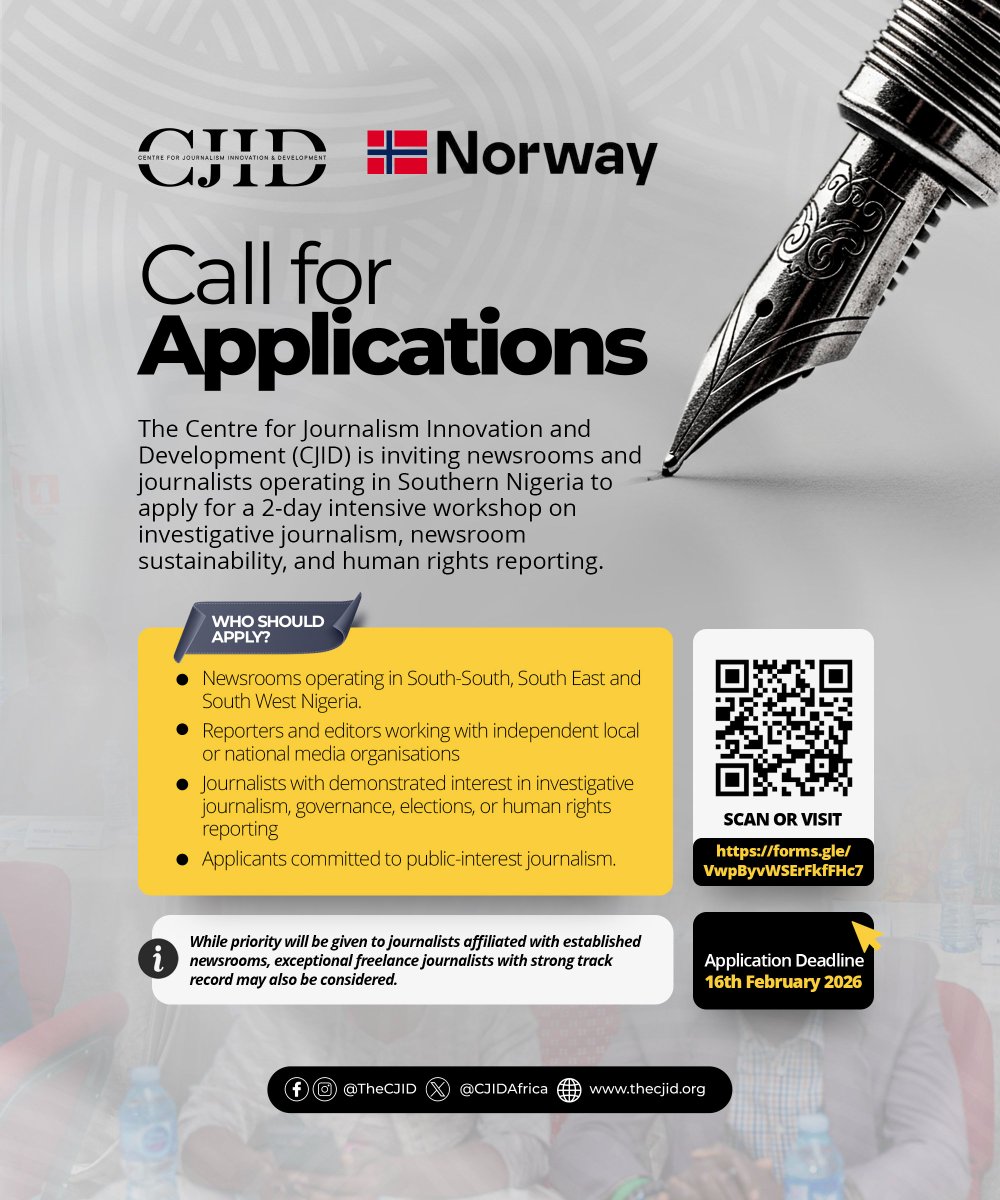 CJIDAfrica's tweet photo. Exciting Opportunity!🚨🚨 

Are you a journalist or part of a newsroom committed to public-interest journalism and looking to strengthen your investigative skills? This opportunity is for you.  

The Centre for Journalism Innovation and Development (CJID), with support from the Norwegian Embassy (@NorAmbNigeria), is inviting journalists and newsrooms in Southern Nigeria to apply for a 2-day intensive workshop on investigative journalism, newsroom sustainability, and human rights reporting.  

Apply via the link by 16th February 2026. 
🔗https://t.co/UOrwC1s4Wv

#InvestigativeJournalism #PublicInterestJournalism