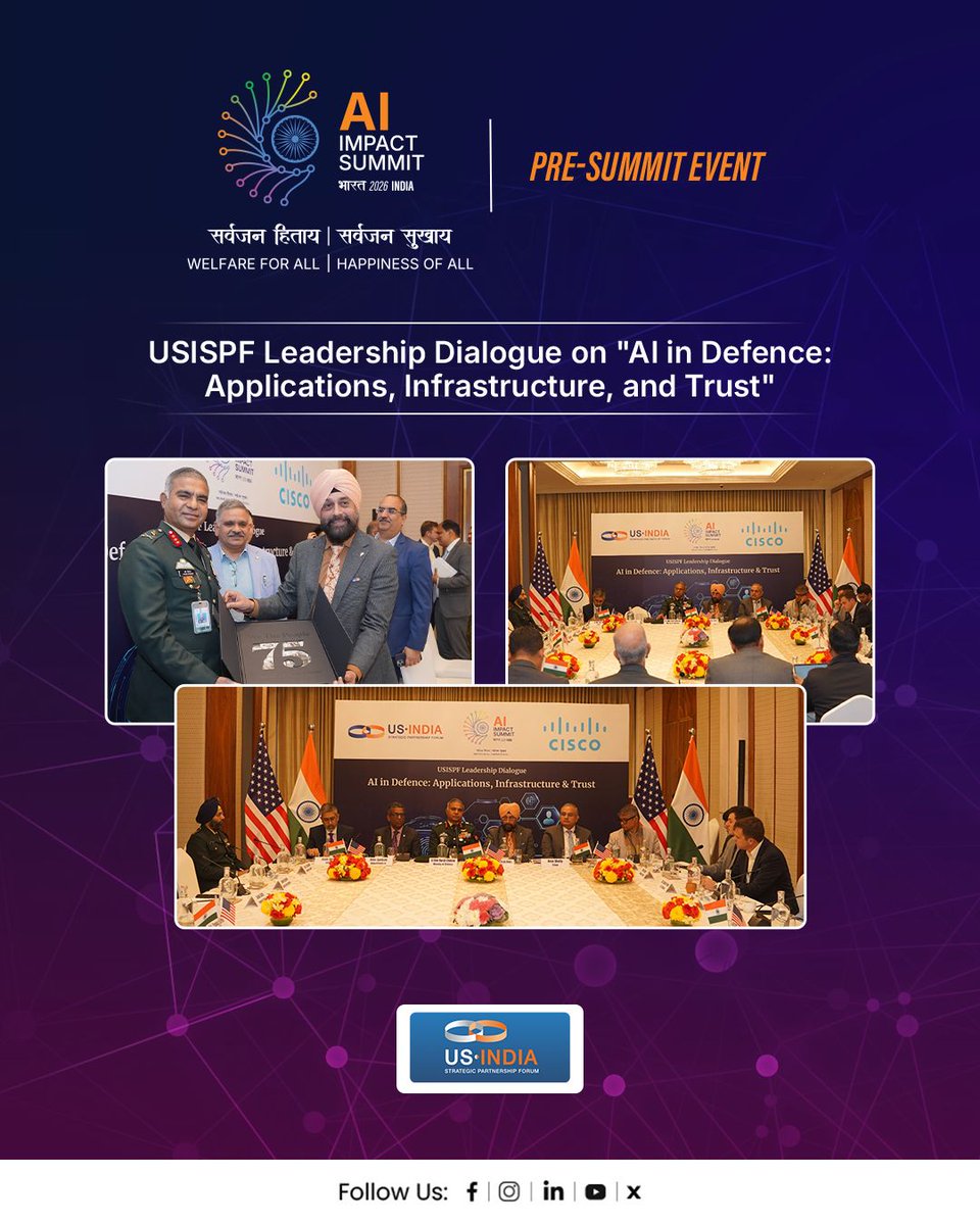 OfficialINDIAai's tweet photo. As AI rapidly integrates into the defence sector, the USISPF Leadership Dialogue on “AI in Defence: Applications, Infrastructure, and Trust”, on the #RoadToImpact, examined how to scale advanced applications while securing critical infrastructure against emerging threats.
Bringing together Government of India officials, industry leaders, and strategic experts, the dialogue focused on trust-building, diverse representation, and the global implications of defence-AI integration.
To partner or host a pre-summit event, visit: https://t.co/QlYYc4UupH
#IndiaAIImpactSummit2026 #ResponsibleAI #PeoplePlanetProgress
@PMOIndia @AshwiniVaishnaw @jitinprasada @PIB_India @SecretaryMEITY @abhish18 @kavitabha @GoI_MeitY @_DigitalIndia @mygovindia @USISPForum