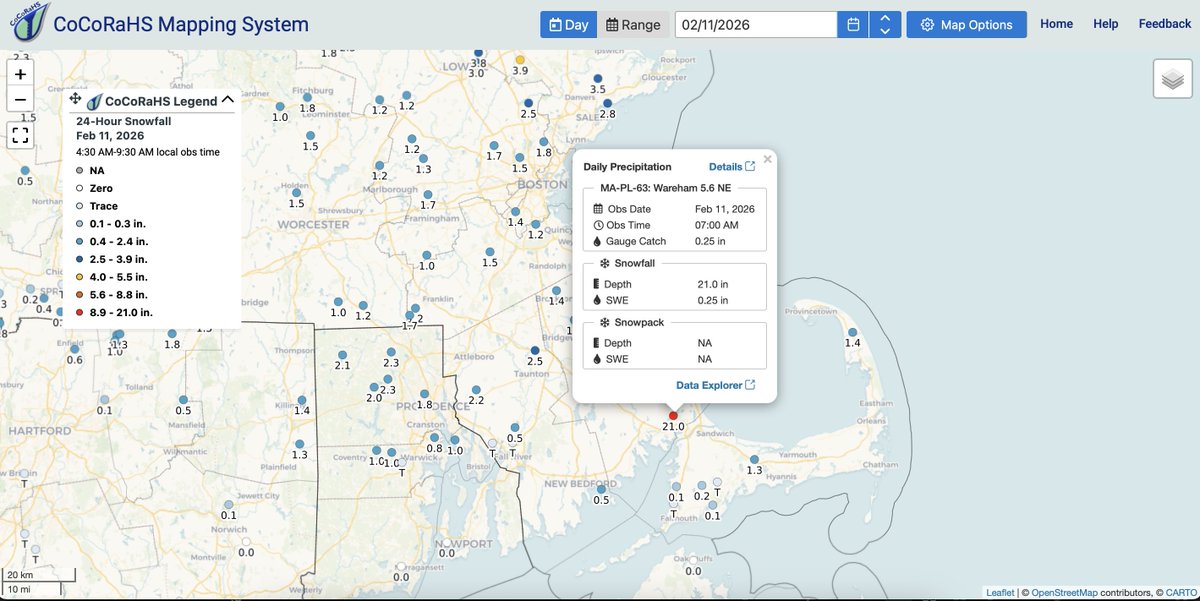 Looks like MA-PL-63 entered in 21.0 inches instead of 2.1 inches of snow over Wareham. Otherwise, that's an extreme overnight snowfall total.