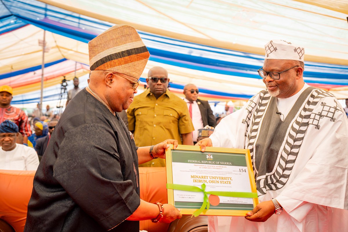 MinaretUni's tweet photo. SIGNED, SEALED, AND SHOWCASED!

A moment for the history books.

After receiving the official license from our Chancellor, Barr. Alatoye Folorunso AbdulAzeez, the Executive Governor, His Excellency, Senator Ademola Adeleke @AAdeleke_01, proudly presented it to the gathering.

Raising the charter high, the Governor didn't just display a document, he affirmed a new era of academic excellence for Osun State and Nigeria.

Minaret University is officially open!

Your degree, fully accredited and recognized. Apply now: https://t.co/eWenpsRVi2

#MinaretInauguration #GovAdeleke #NUC #OsunState #MUI #MinaretUniversity