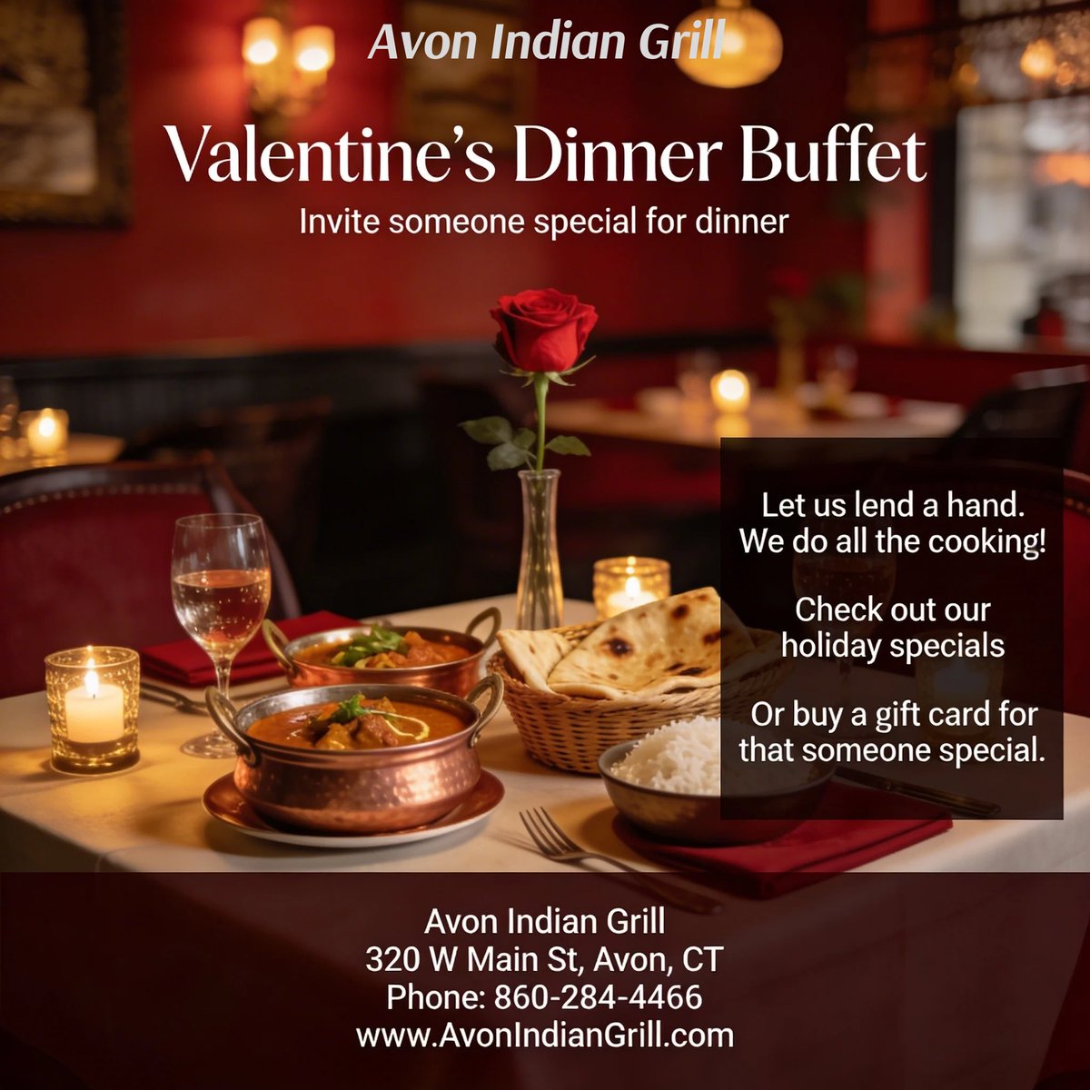AvonIndian8's tweet photo. Love is best celebrated around the table.
This Valentine’s Day, enjoy a thoughtfully prepared Dinner Buffet at Avon Indian Grill, where authentic Indian flavors and a cozy atmosphere set the mood for a memorable evening.
Book your table and savor the moment.

#ValentinesEvening #RomanticDinner #AvonIndianGrill #CelebrateTogether
